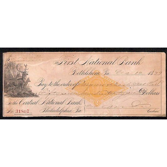 Bethlehem, PA 1879 First National Bank Check #31807 Deer Vignette & Tax Stamp