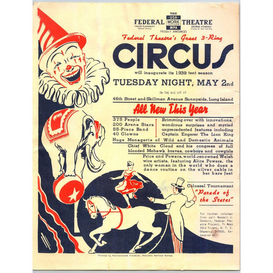 Federal Theatre Sunnyside Long Island Circus Letterhead c1939 Very Scarce