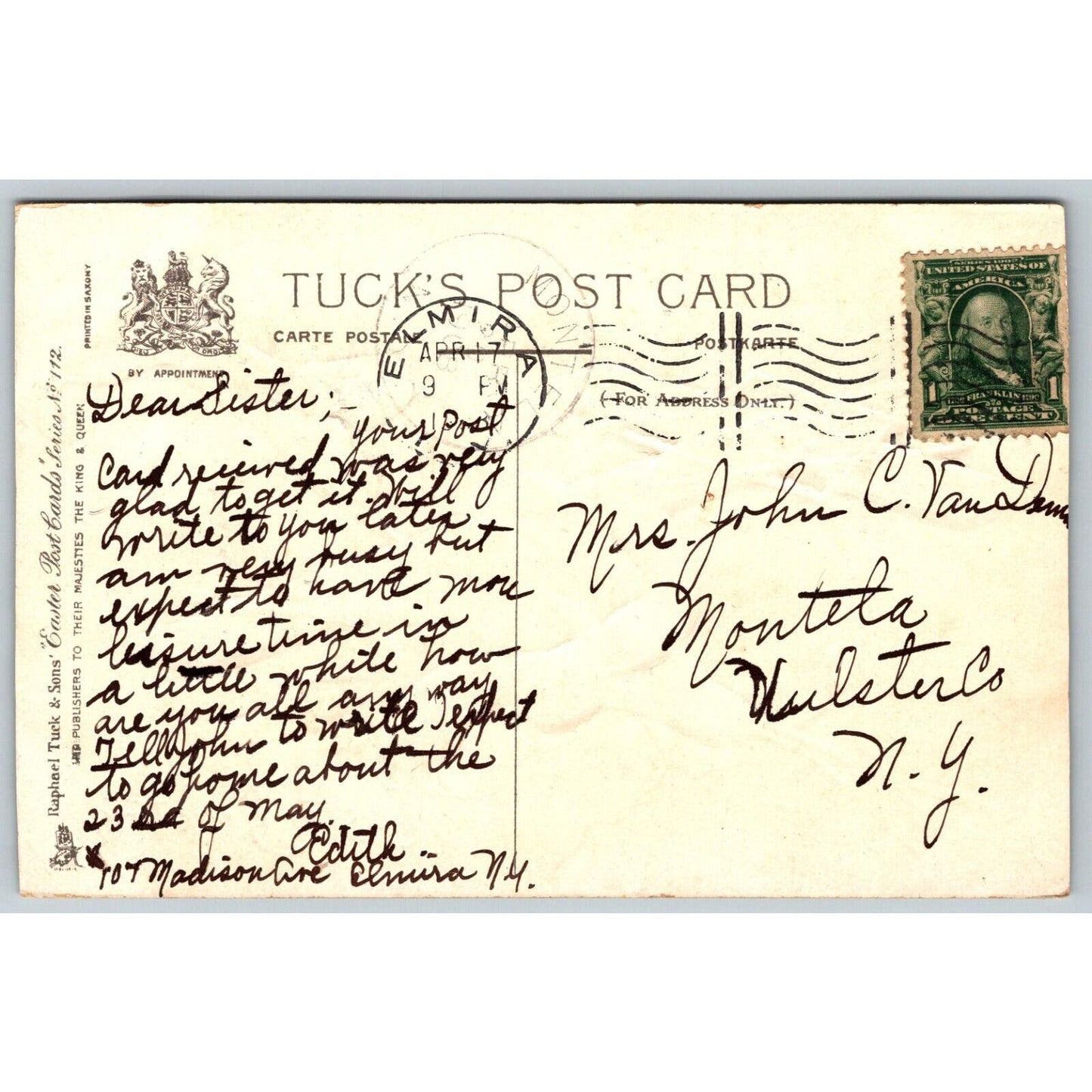 Easter Postcard "Easter Greetings" Silver Cross Lilies Tuck PM c1908