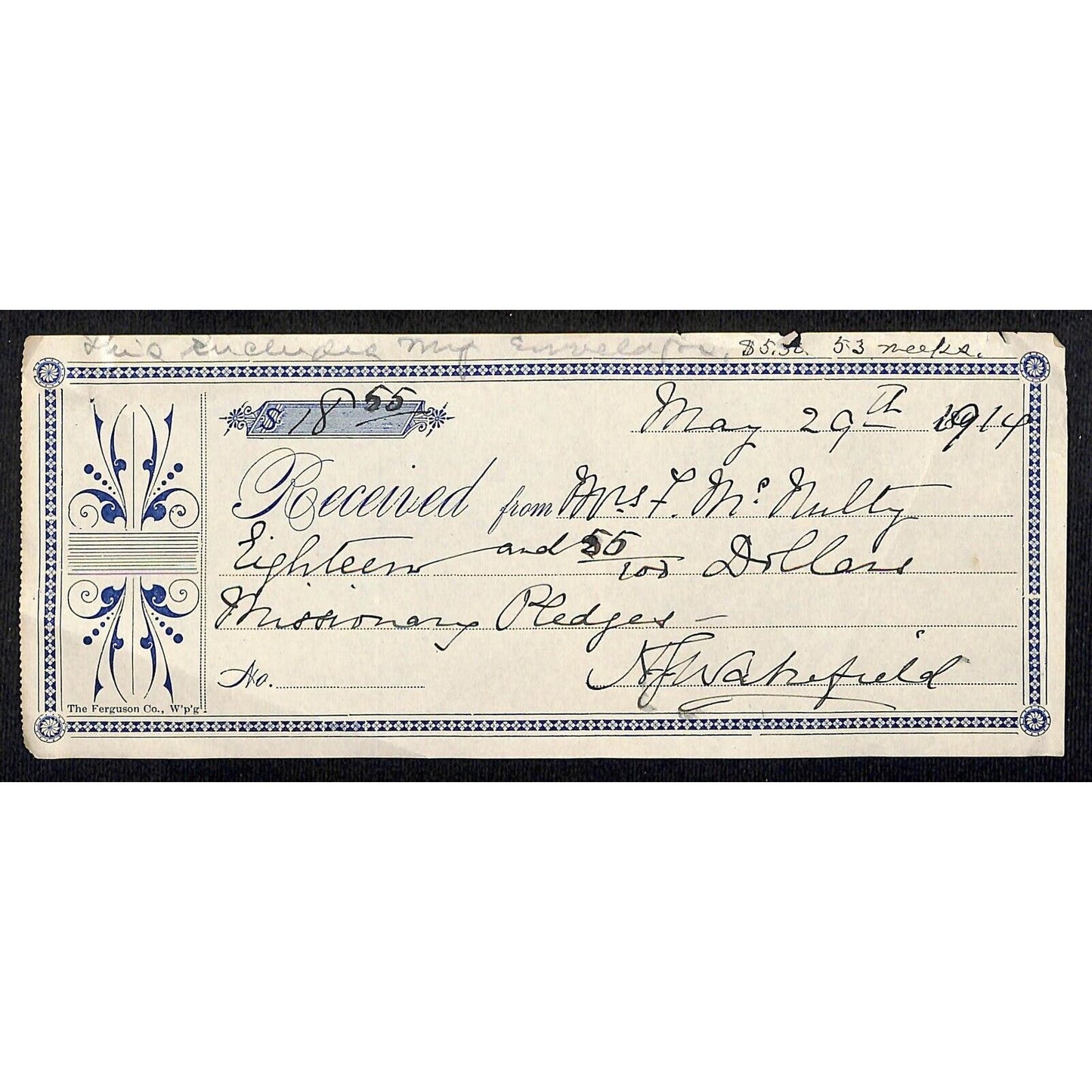 1914 - Likely Montana Area Payment Receipt for "Missionary Pledges" $18.55