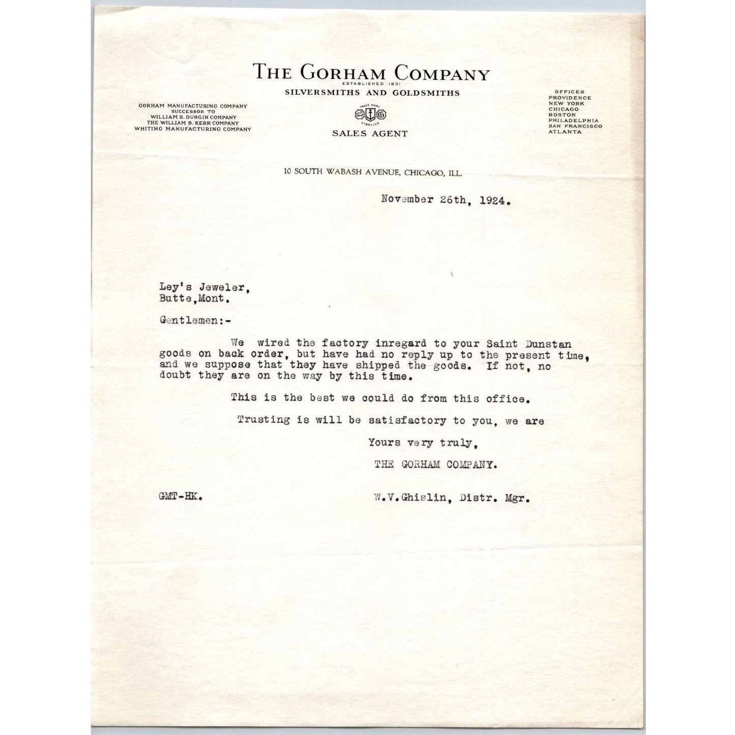 Gorham Company Silver to "Leys" Jewelers Butte, MT 1924 St. Dunstan Backorder