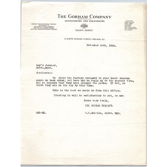Gorham Company Silver to "Leys" Jewelers Butte, MT 1924 St. Dunstan Backorder