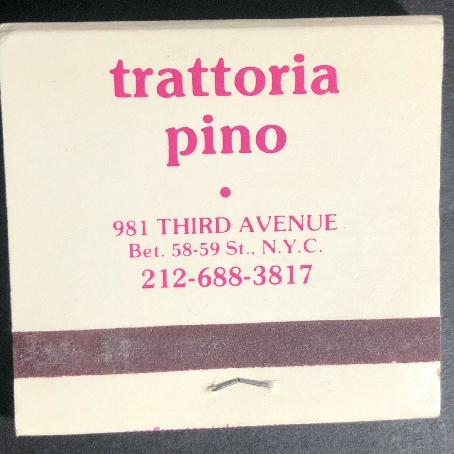 Vintage c1990's Full Matchbook "Trattoria Pino - Costa Mesa, CA Third Ave., NYC"