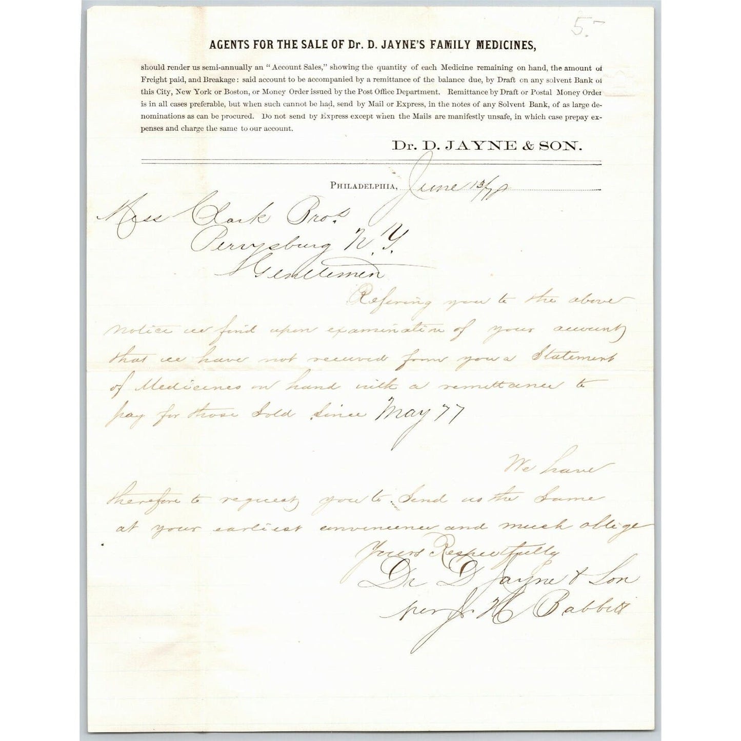 Dr. D. Jayne & Son 1877 Philadelphia, PA Letterhead Sales & Inventory Agreement