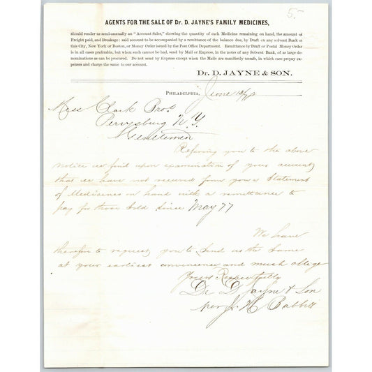 Dr. D. Jayne & Son 1877 Philadelphia, PA Letterhead Sales & Inventory Agreement
