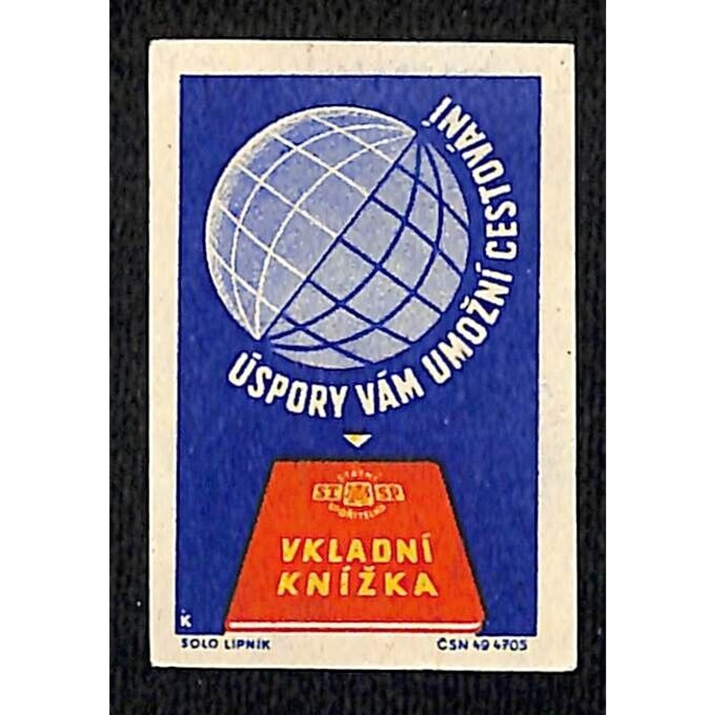 Vintage Czech–Slovak Matchbox Label - Savings Will Enable Travel Globe c1960