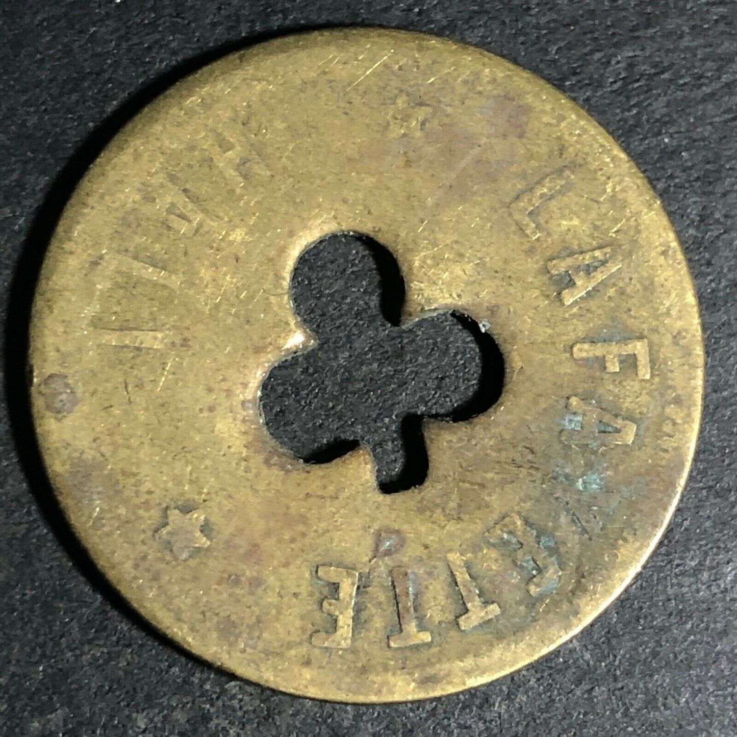 24.5mm Brass Lafayette Hall (Saloon Sacramento, CA) Token Clover Shamrock (#48)