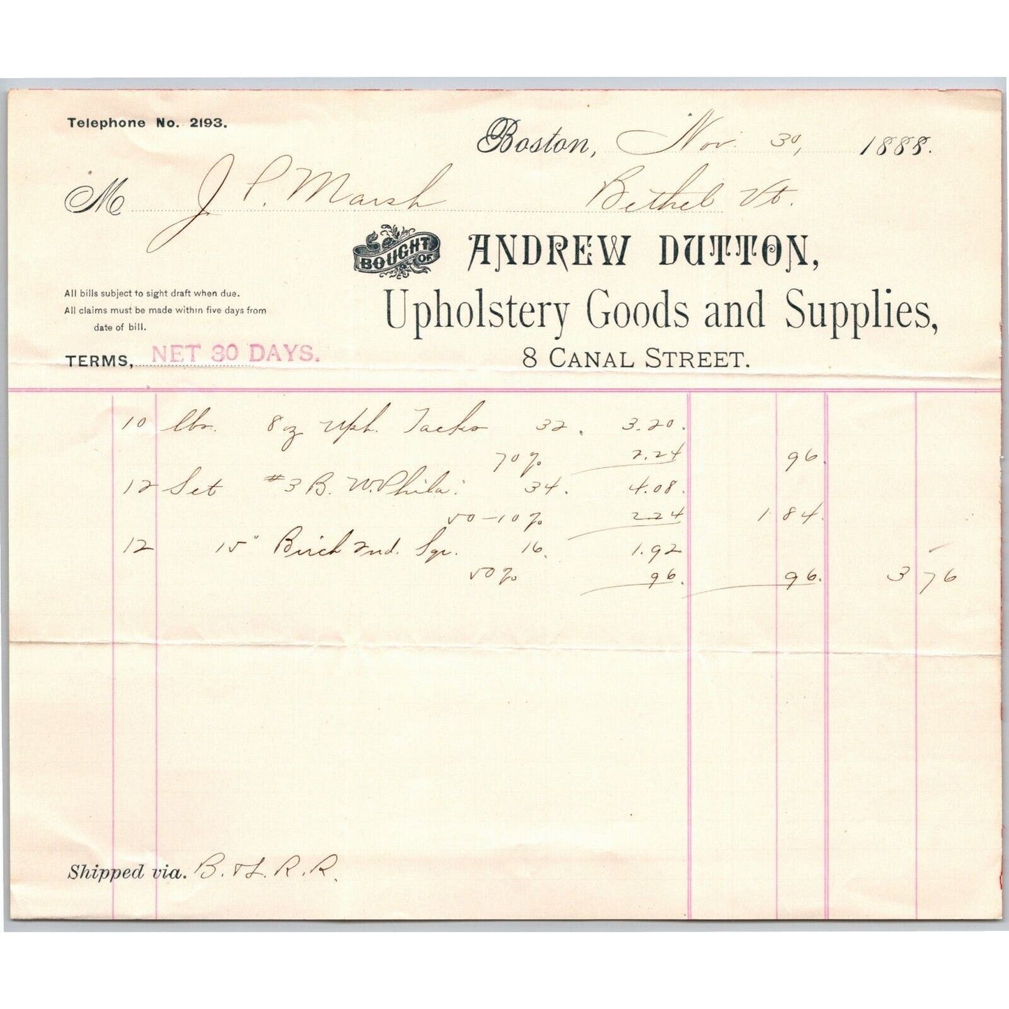 Boston, MA Andrew Dutton Upholstery Goods 1888 Billhead JP Marsh Bethel, VT