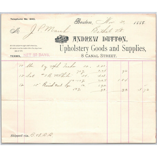 Boston, MA Andrew Dutton Upholstery Goods 1888 Billhead JP Marsh Bethel, VT