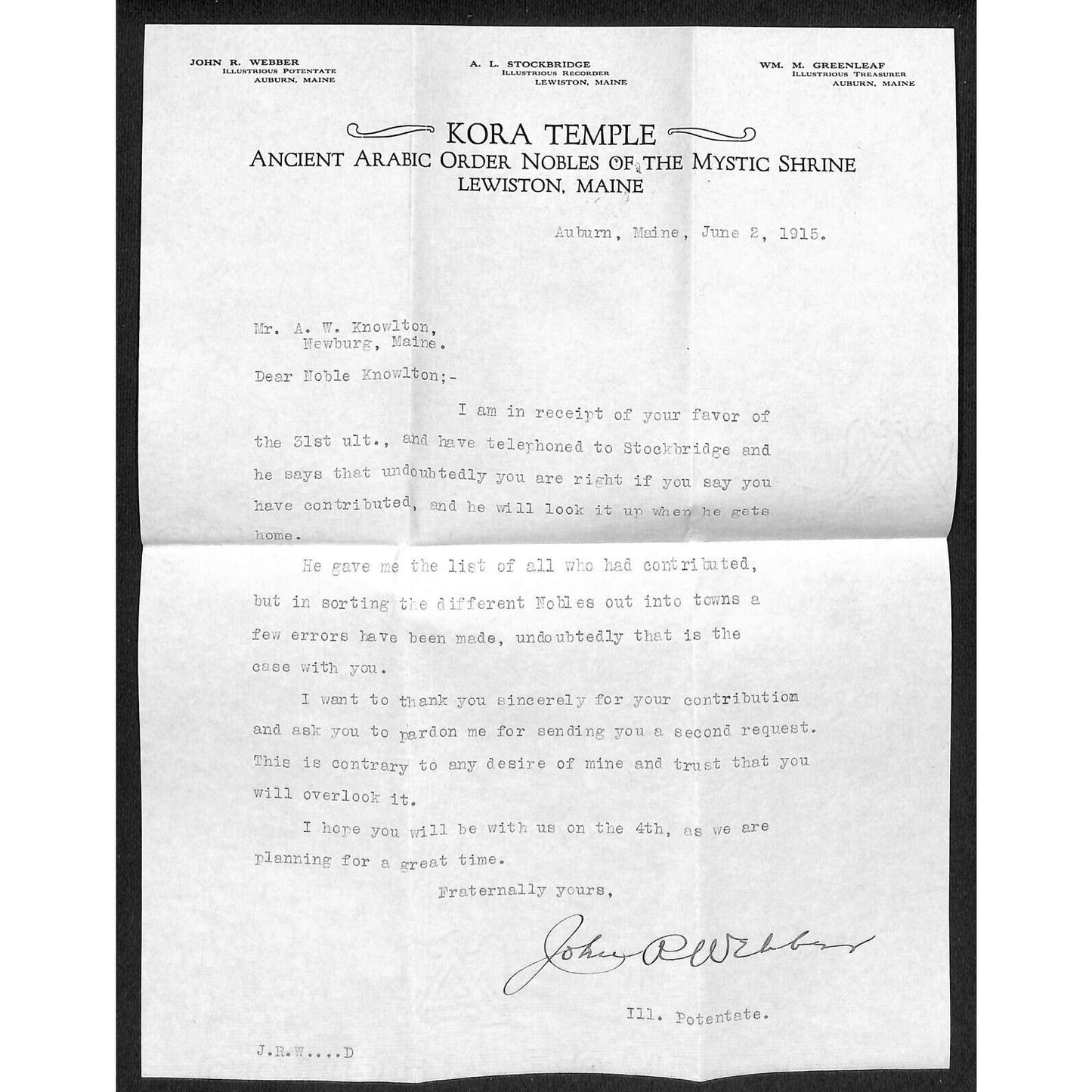 Newburgh, ME Amos W. Knowlton* 1915 "Kora Temple" Letterhead re: Contribution