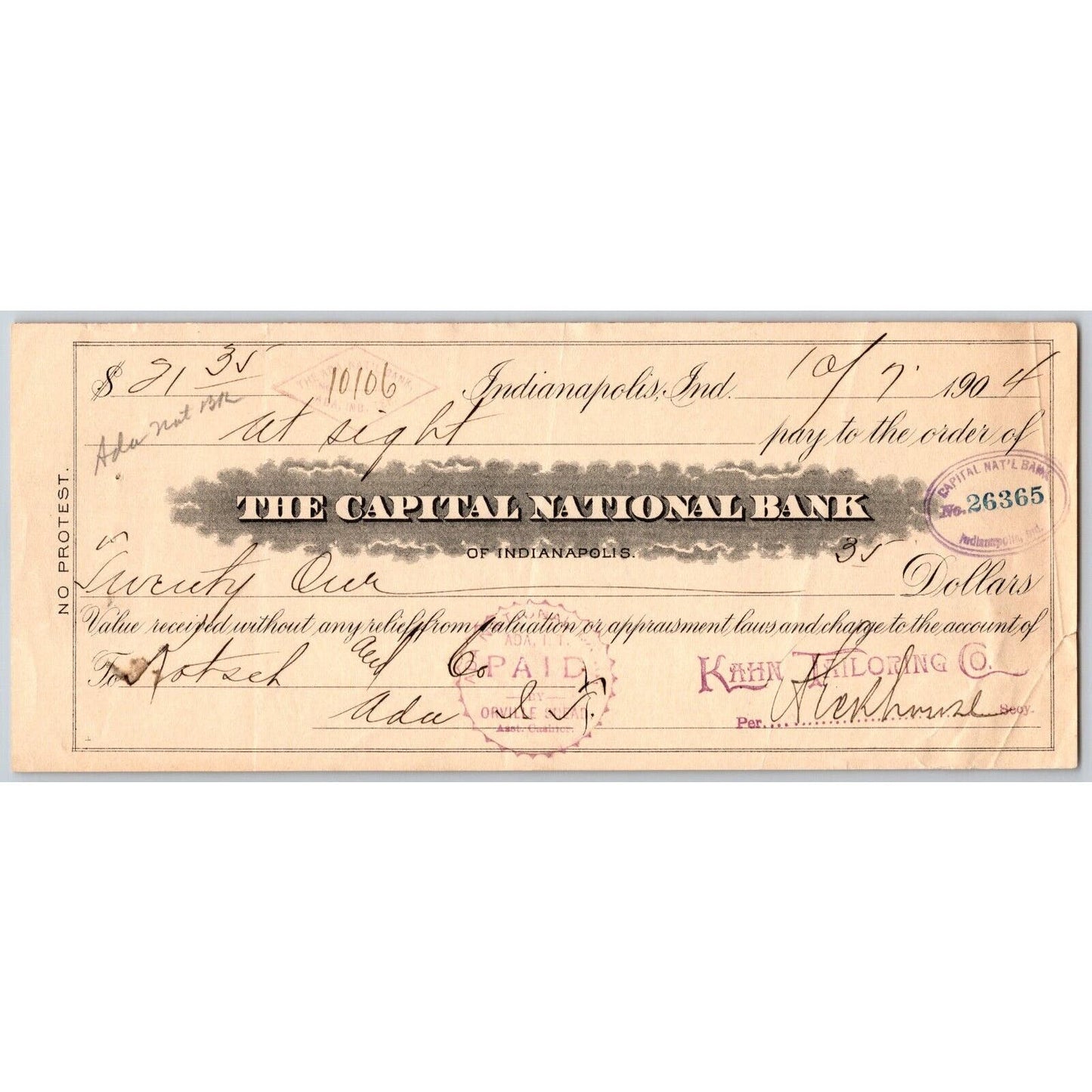 Indianapolis, IN 1904 Kahn Tailoring Co. Capital National Bank Check