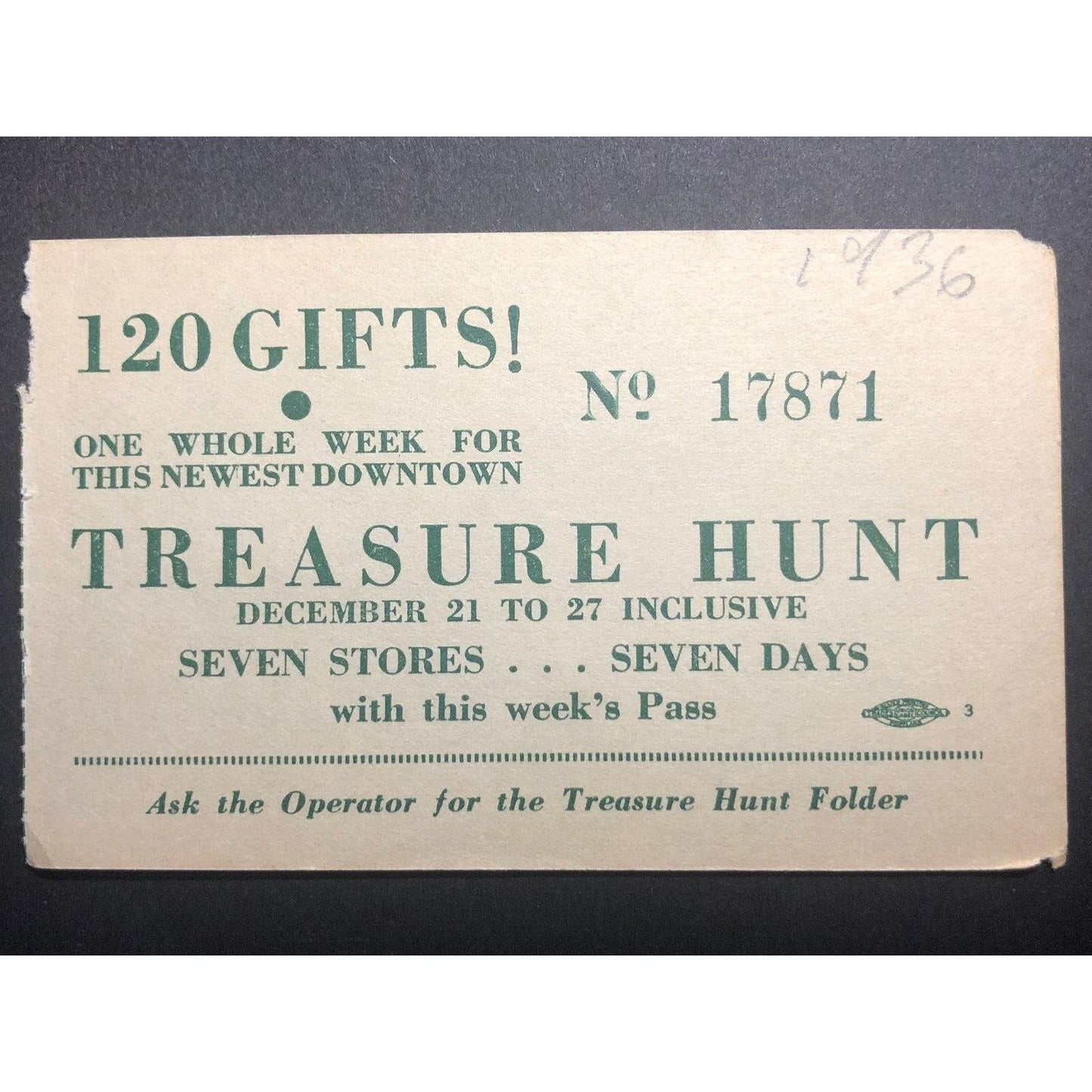 c1936 (Peninsula-St. John Area Street Car Pass) Treasure Hunt Hand Out