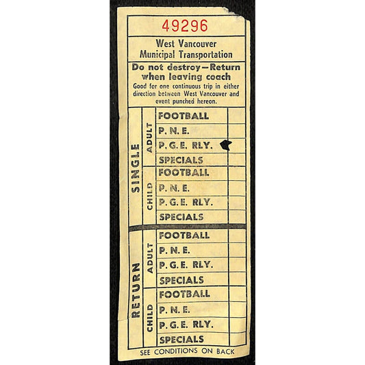 West Vancouver Municipal Transportation Ticket Football c1950's-60's