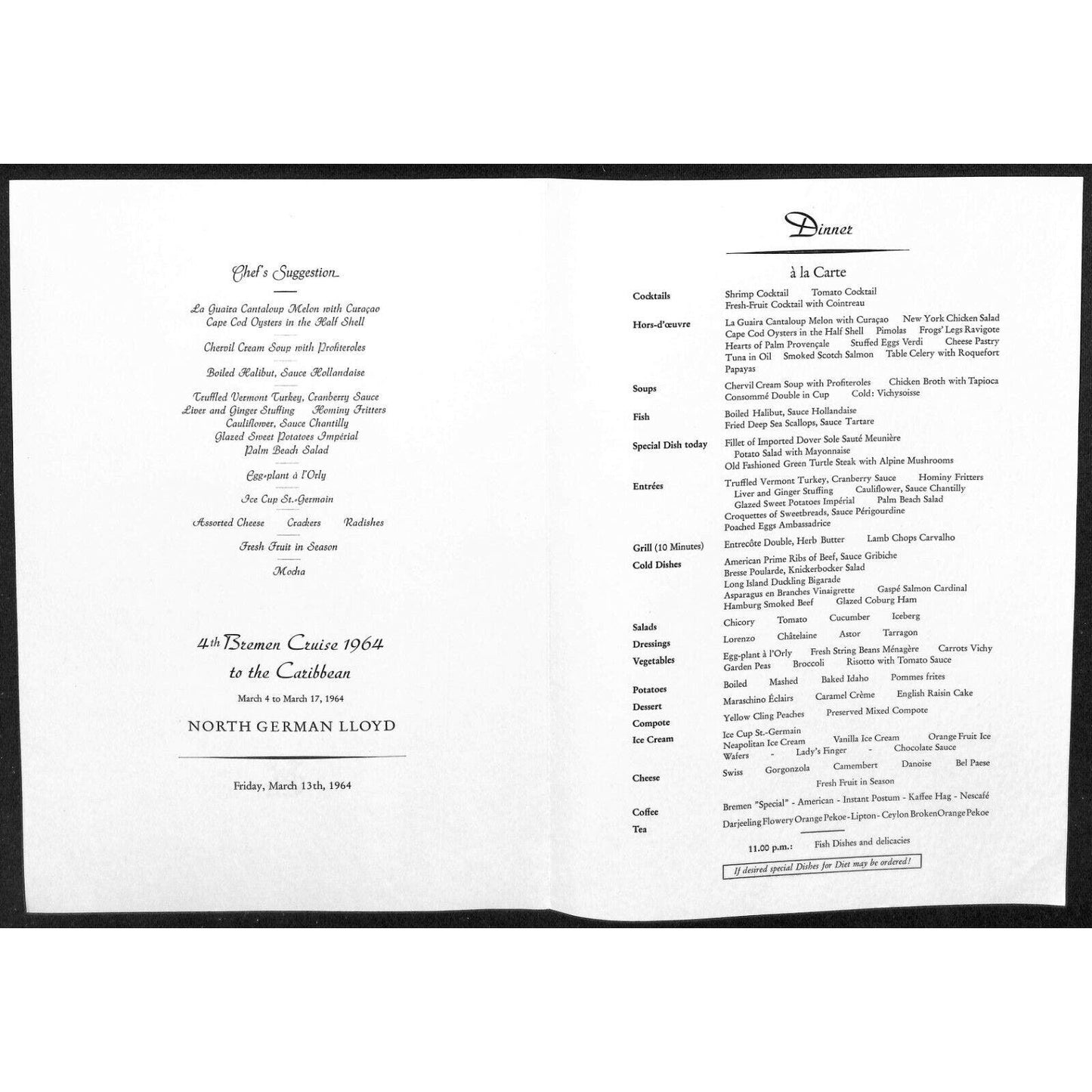 1964 North German Lloyd Bremen Cruise Line Dinner Menu Mar 13