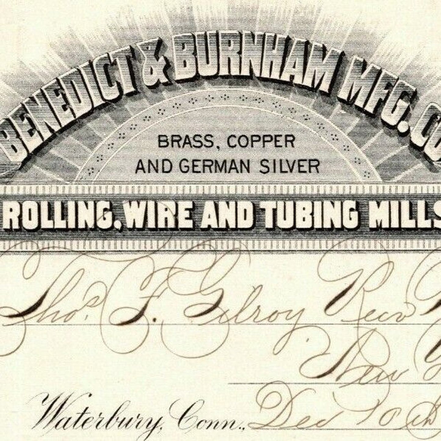 1887 "Benedict & Burnham Mfg. Co" Brass Copper Billhead Letterhead Waterbury CT