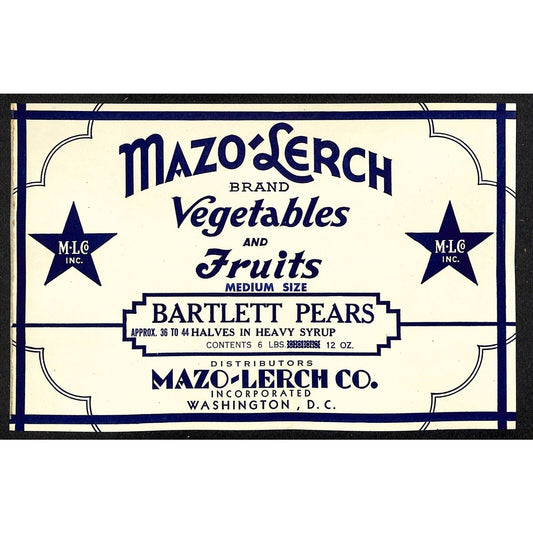 1949 Paper Can Label Mazo-Lerch Brand Vegetables Fruits Pears - Very Scarce