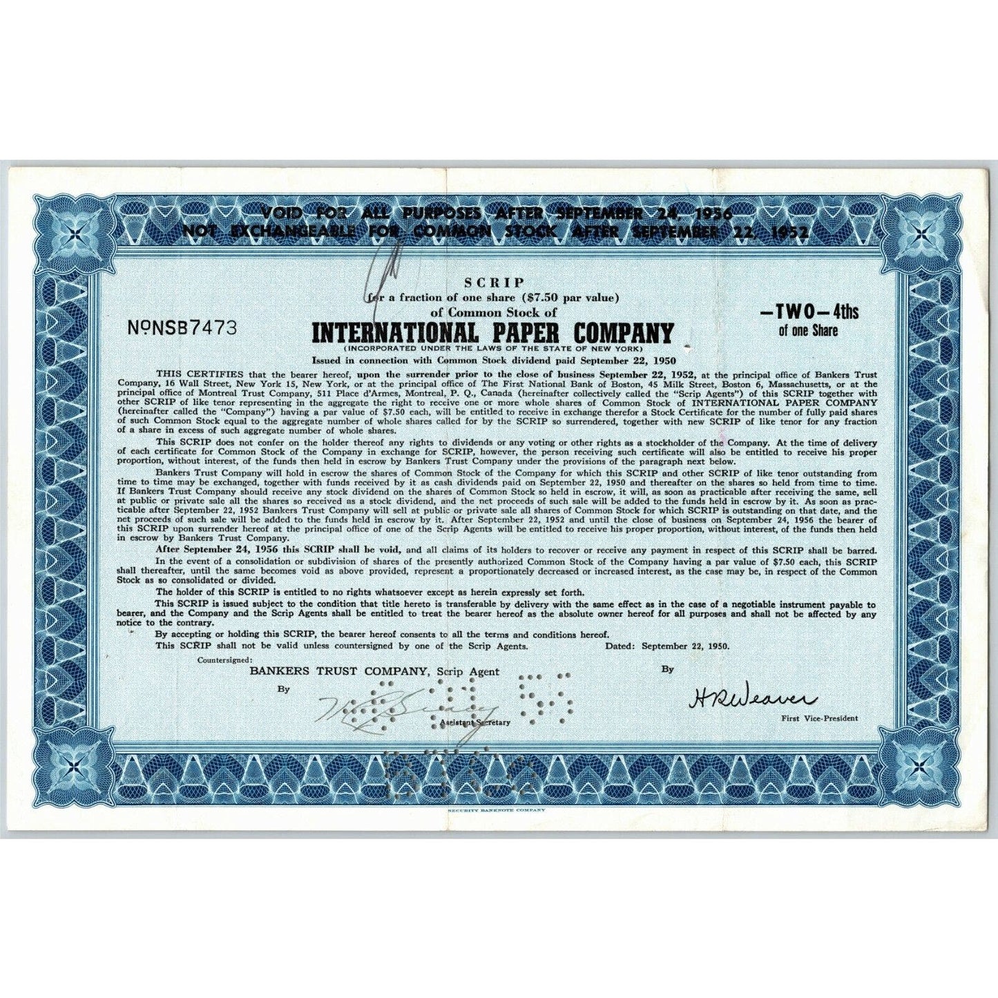 Vintage 1950 Stock - Scrip Certificate "International Paper Company"