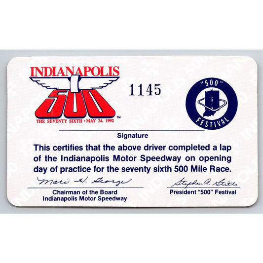 1992 Indy 500 Lap Completion Card Indianapolis IMS VGC #1145
