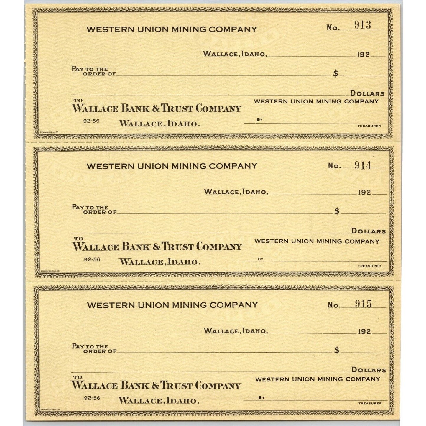 Wallace Idaho Western Union Mining Co. - Bank Check Sheet 1920