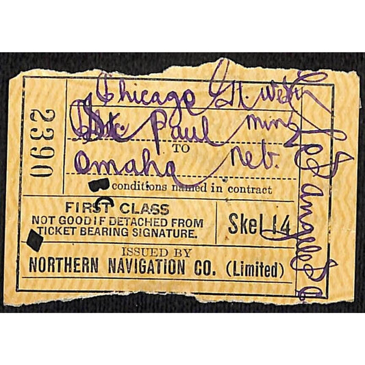 Northern Navigation Railroad Ticket 1923 Omaha, NE St. Paul, MN #2390