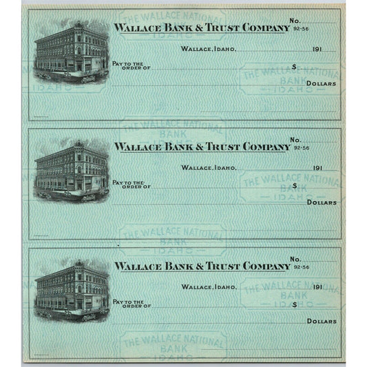 Wallace Bank & Trust Company Idaho Check Sheet 1910 - 1919 w/ Building Vignette