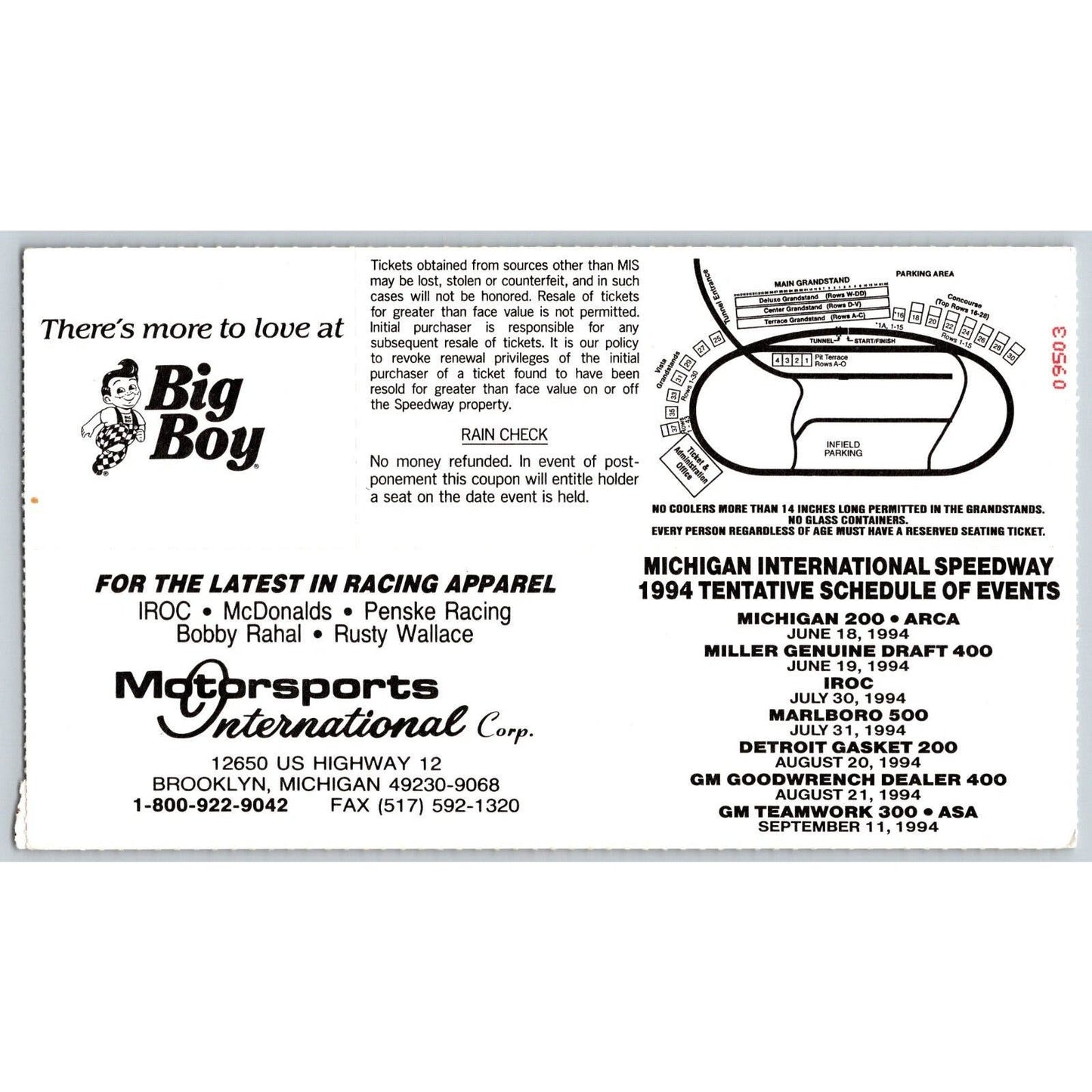 1994 Michigan International Speedway Indy Car Racing Ticket 7/31 seat 30