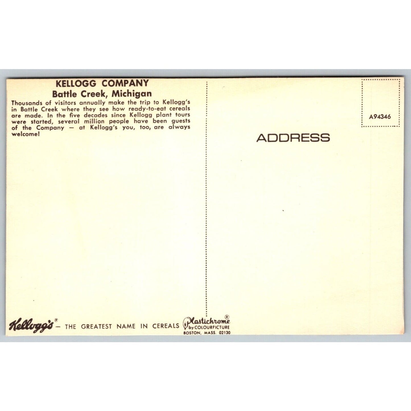 Kellogg Battle Creek "Puts MORE in Your Morning" Postcard c1966 Scarce VGC