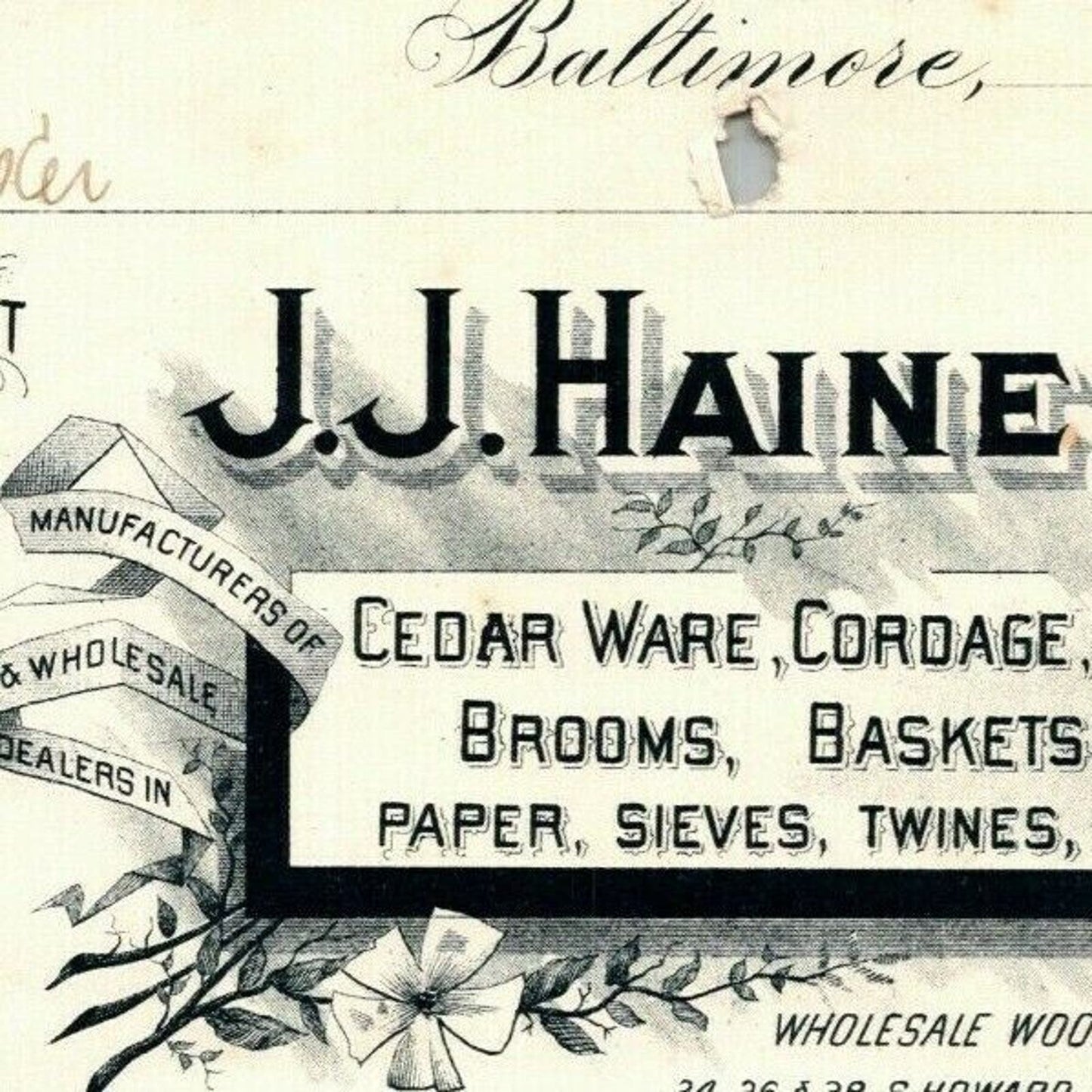 1897 Letterhead Billhead J.J. Haines Paper Twines Baltimore Ephraim Baker*