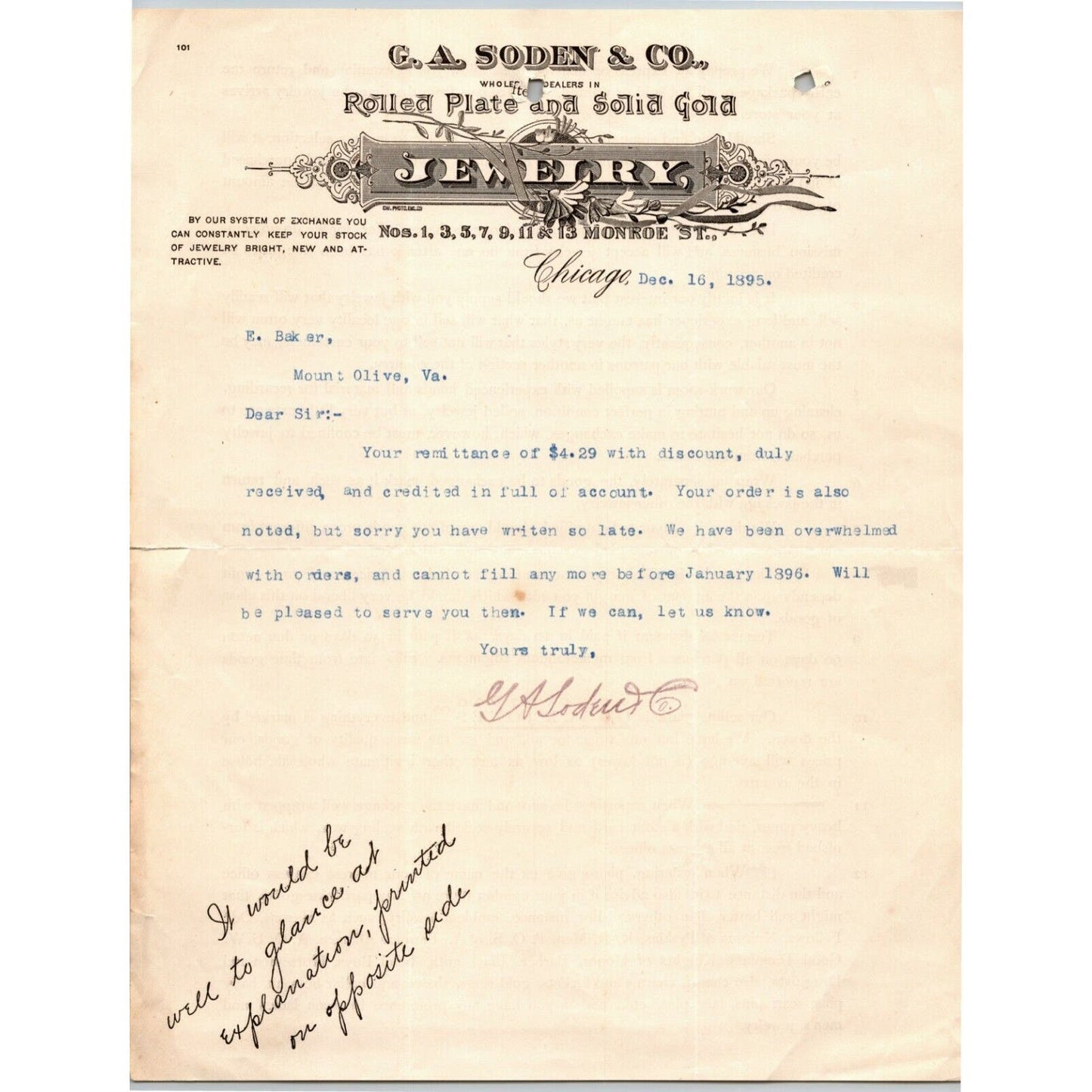 1895 Letterhead Billhead G.A. Soden & Co. Jewelry Gold Chicago Ephraim Baker*
