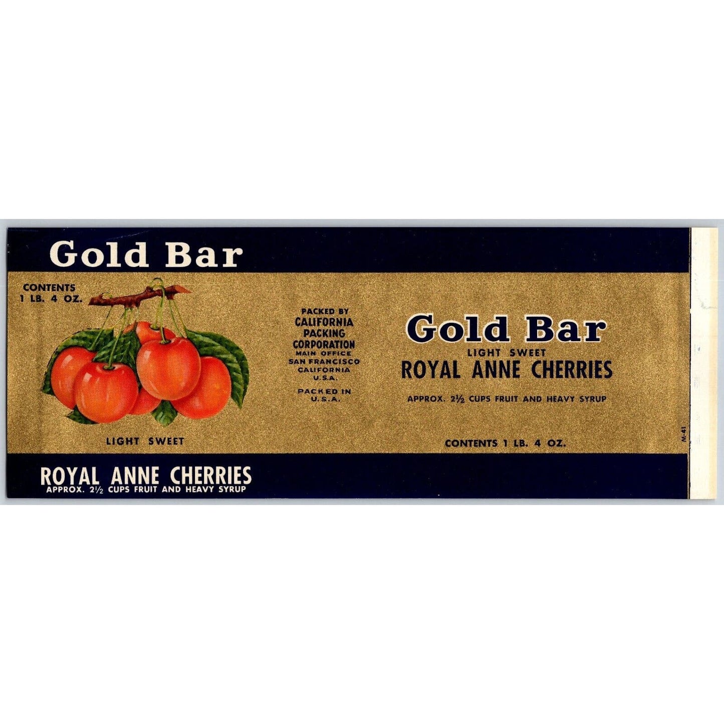 Gold Bar Royal Anne Cherries Paper Can Label c1941 Gold Ink VGC Scarce