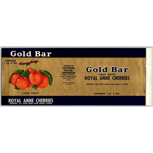 Gold Bar Royal Anne Cherries Paper Can Label c1941 Gold Ink VGC Scarce