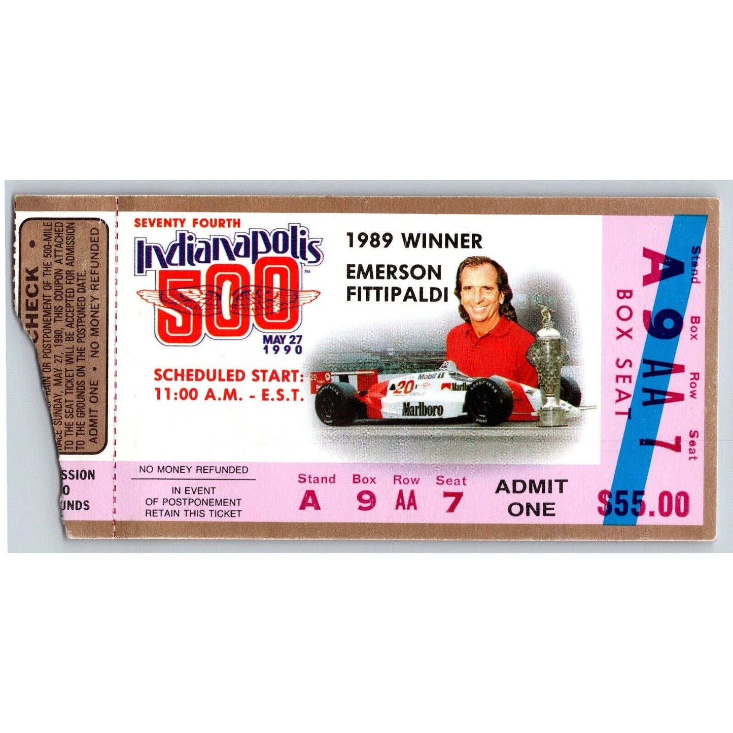 1990 Indianapolis 500 Ticket Stub Racing IMS Emerson Fittipaldi - seat 7