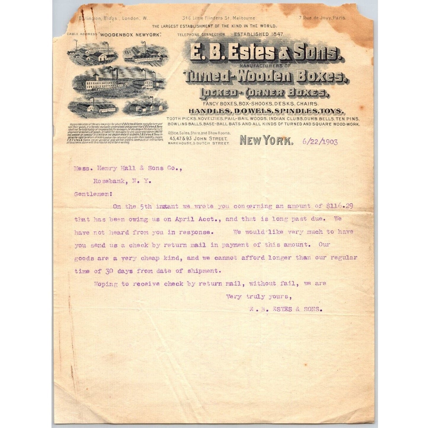 New York City John St. E.B. & Sons Turned Wooden Boxes 1903 Letterhead