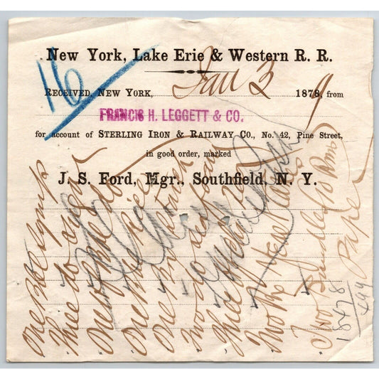 New York, Lake Erie & Western R.R. 1879 Railroad Freight Billhead Leggett & Co.