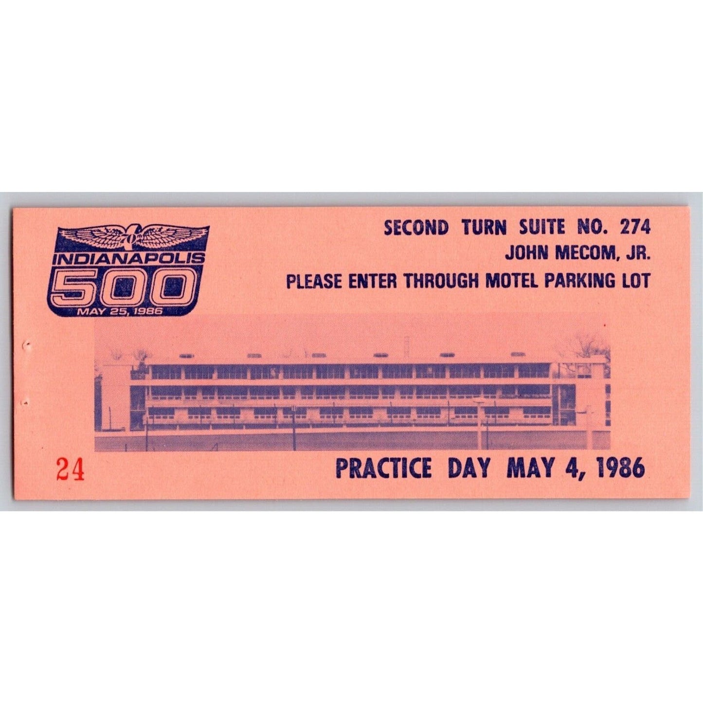 1986 Indy 500 VIP 2nd Turn Suites Practice Day Ticket Stub Indianapolis IMS #24