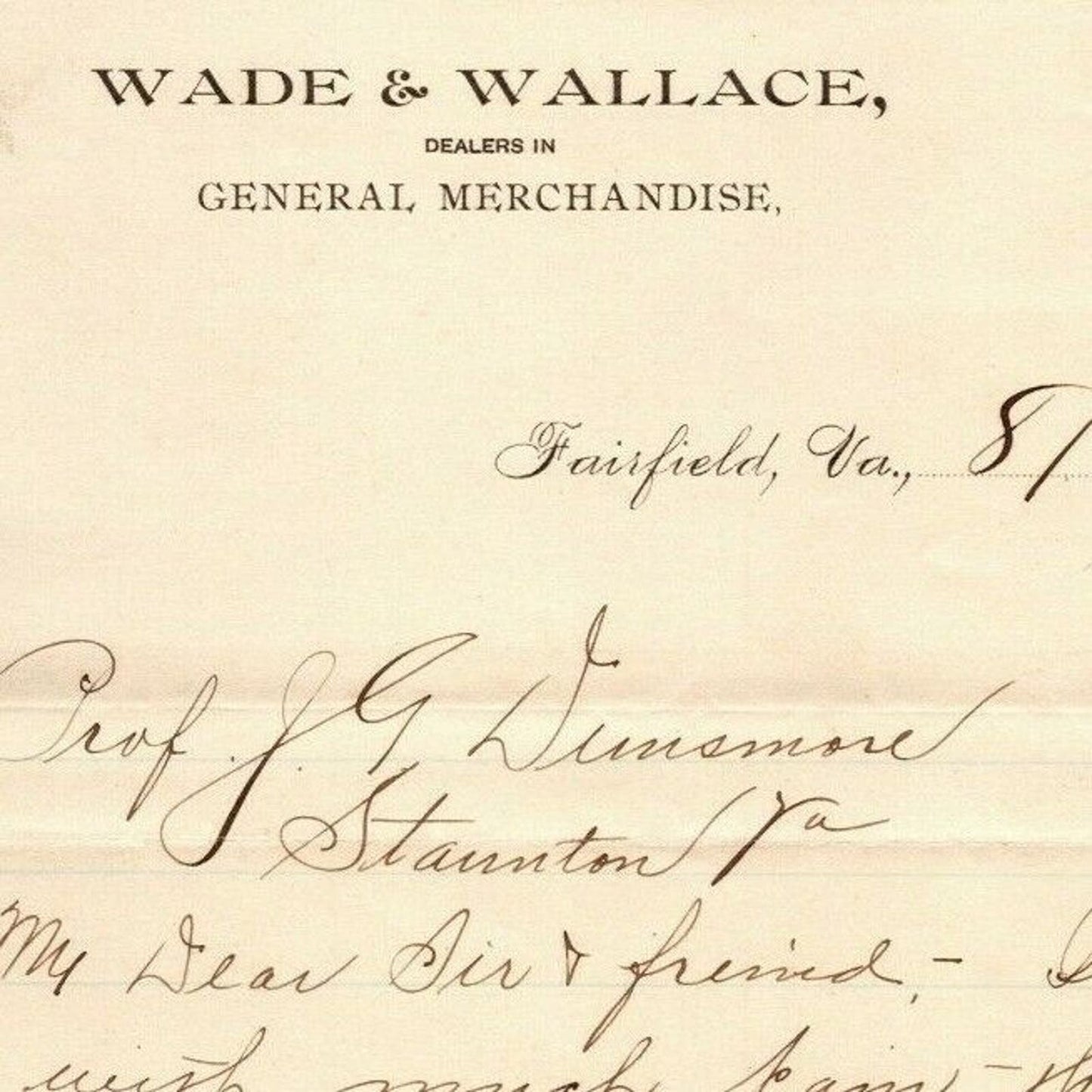 1897 2pp. Scarce Wade & Wallace General Merchandise Fairfield, VA Letterhead