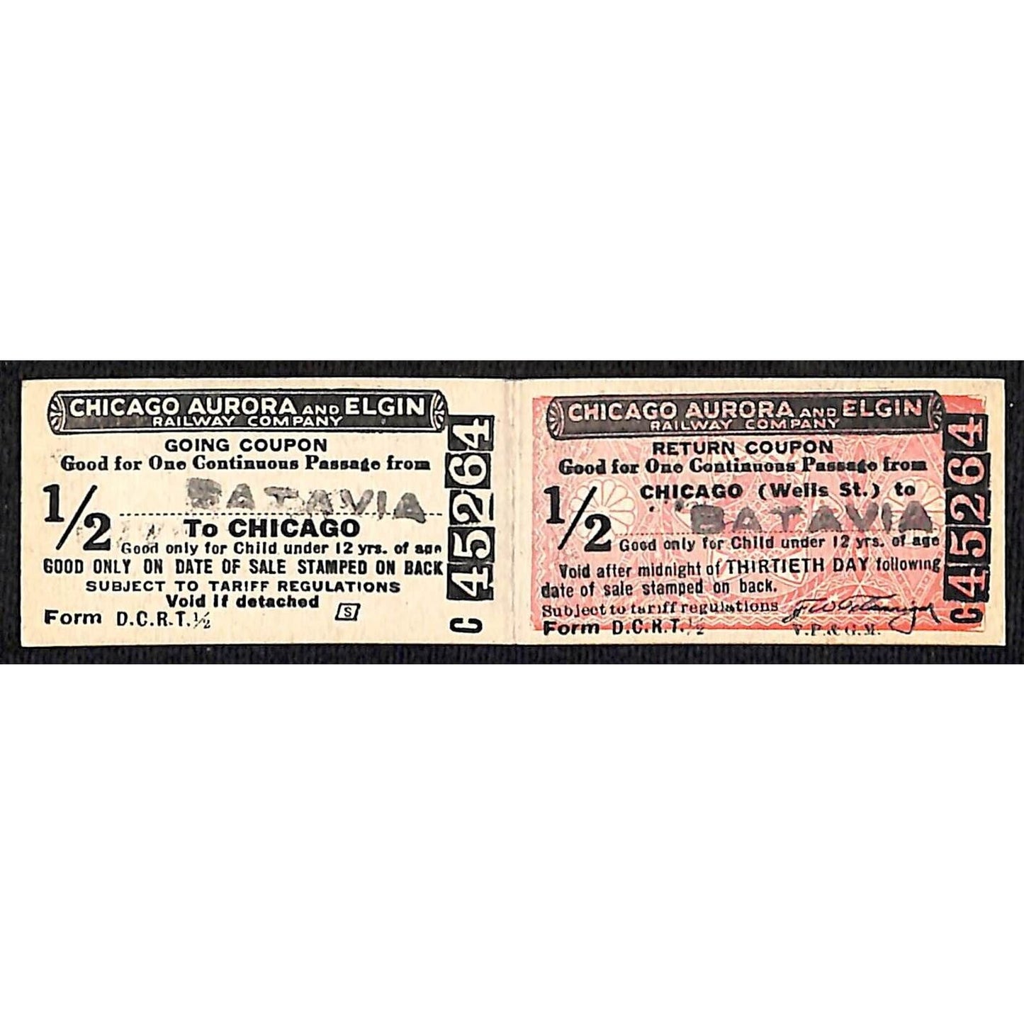 Chicago Aurora and Elgin 1902-57 2-way Attached Tickets Batavia #45264