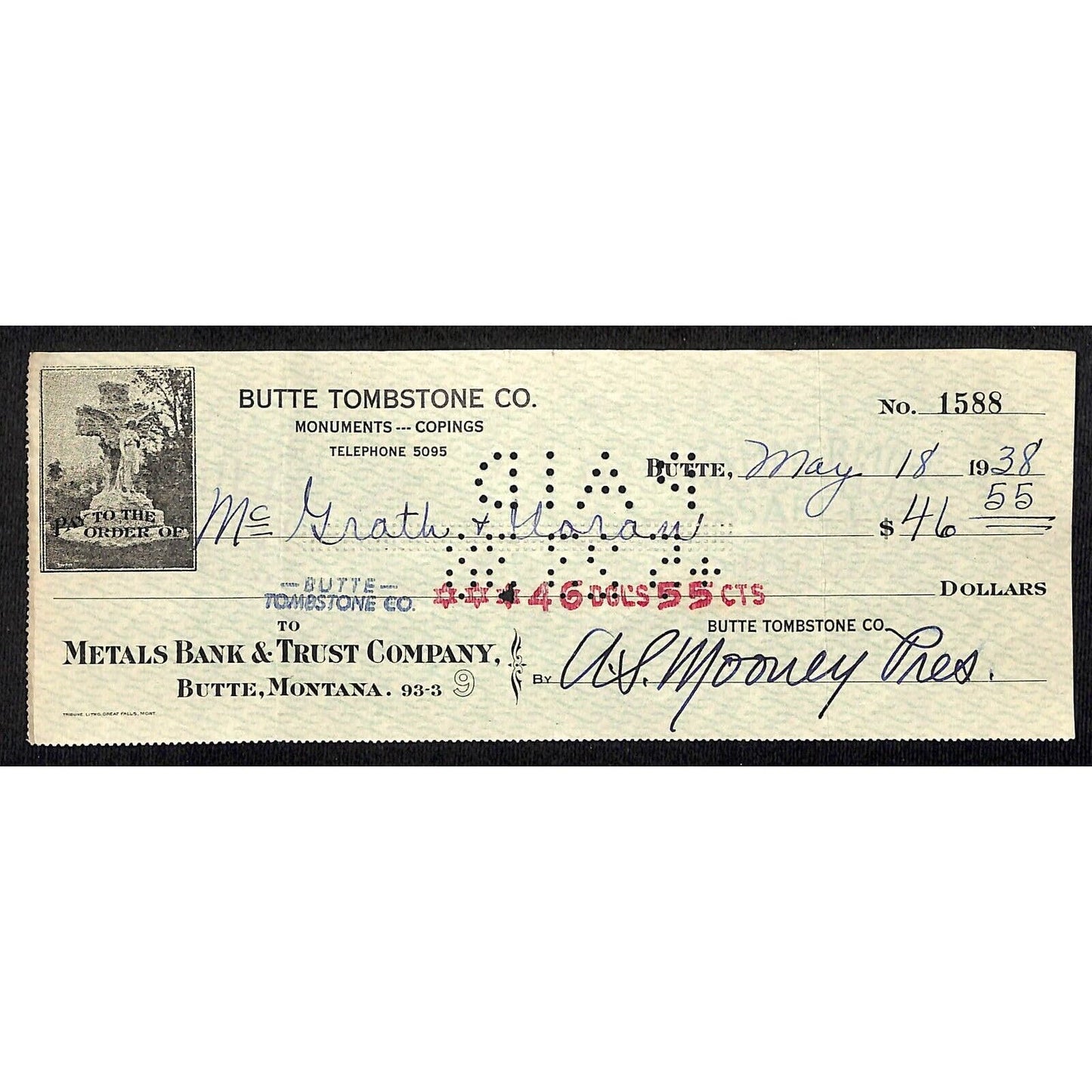 Butte Tombstone Company 1938 Bank Check / Metals Bank & Trust Butte Montana