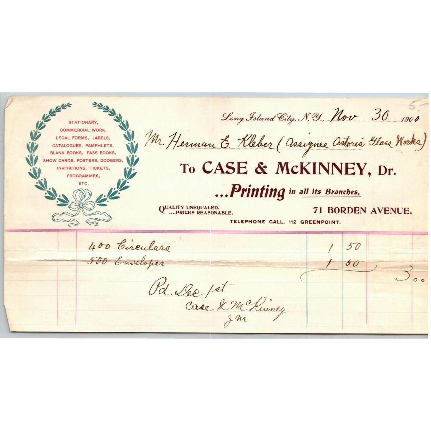 1900 LIC NY Letterhead Case & McKinney - Stationary Labels Tickets Printing