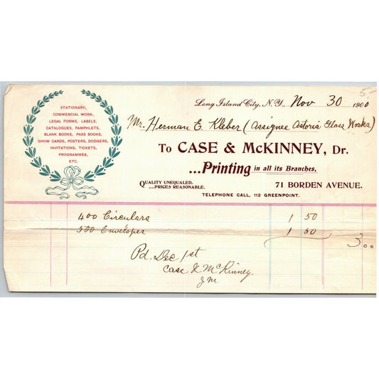 1900 LIC NY Letterhead Case & McKinney - Stationary Labels Tickets Printing