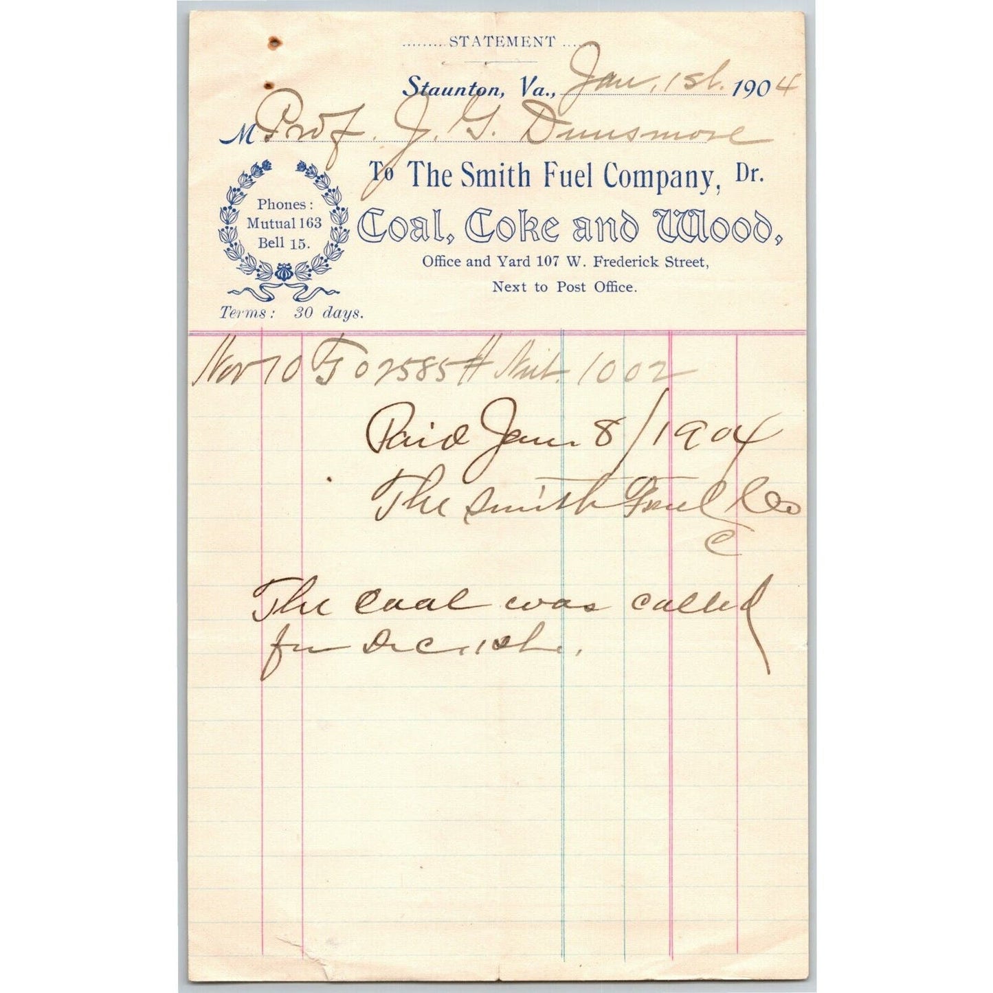 1904 Scarce Smith Fuel Co. Coal Coke Wood Billhead Letterhead Staunton, VA