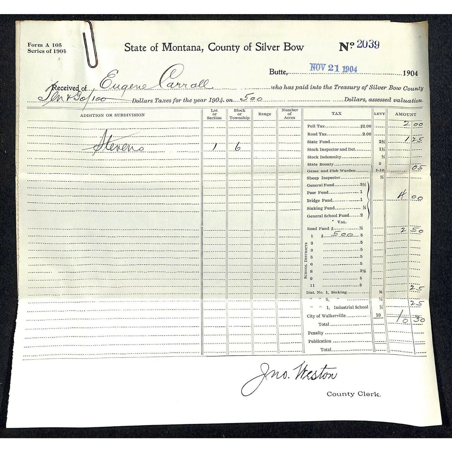 1904 Check Daly Bank Trust of Butte, MT Eugene Carroll - Silver Bow Tax Receipt