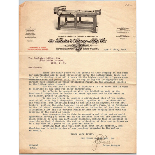 Fuchs & Lang Mfg. Co. 1916 Letterhead NYC Rubber Transfer Cylinder Hand Press