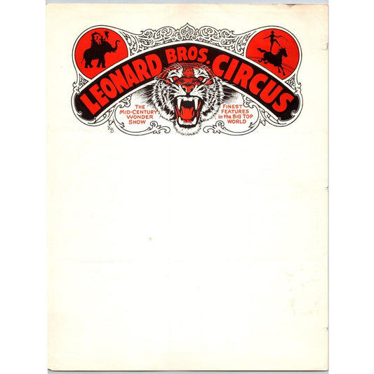 Leonard Bros. Circus Letterhead "Mid-Century Wonder Show" Tiger c1956