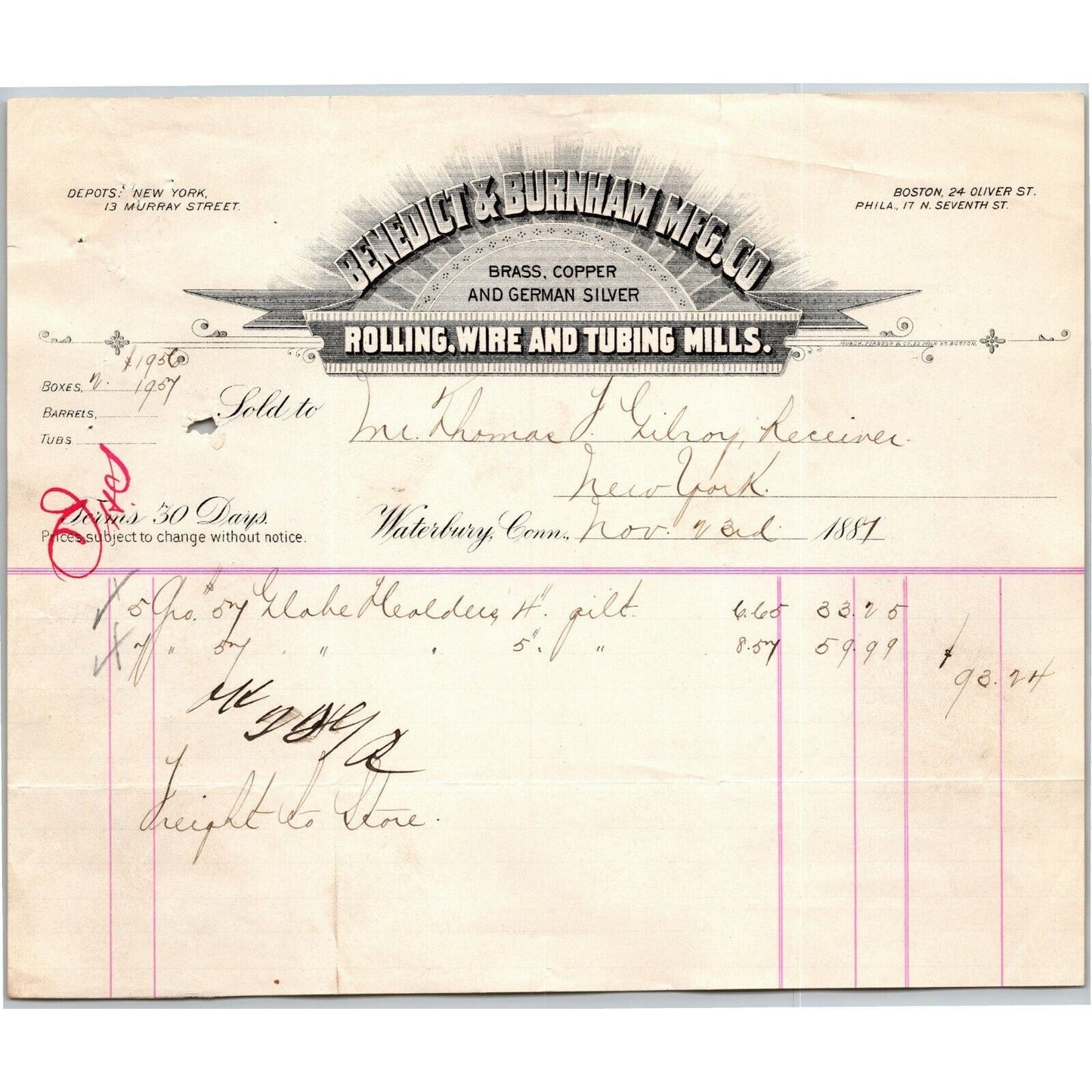 1887 "Benedict & Burnham Mfg. Co" Tubing Mills Billhead Letterhead Waterbury CT