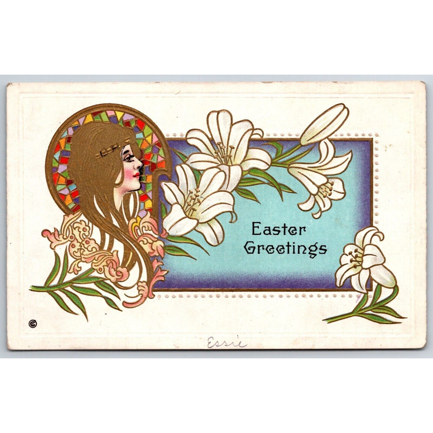 Easter Postcard Easter Greetings" Art Nouveau Woman Floral Emb. Gilt NP c1920