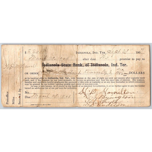 Indianola, Oklahoma Indian Territory Sept. 1907 Promissory Note - Scarce