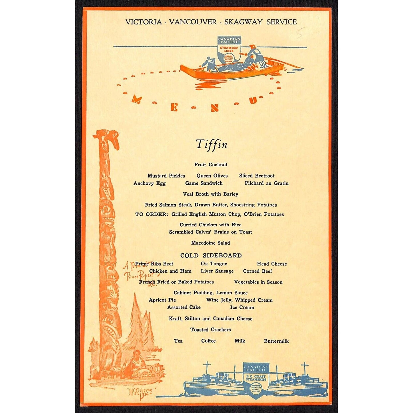 Canadian Pacific B.C. Coast Steamship Menu w/ Totem Pole c1936-40's