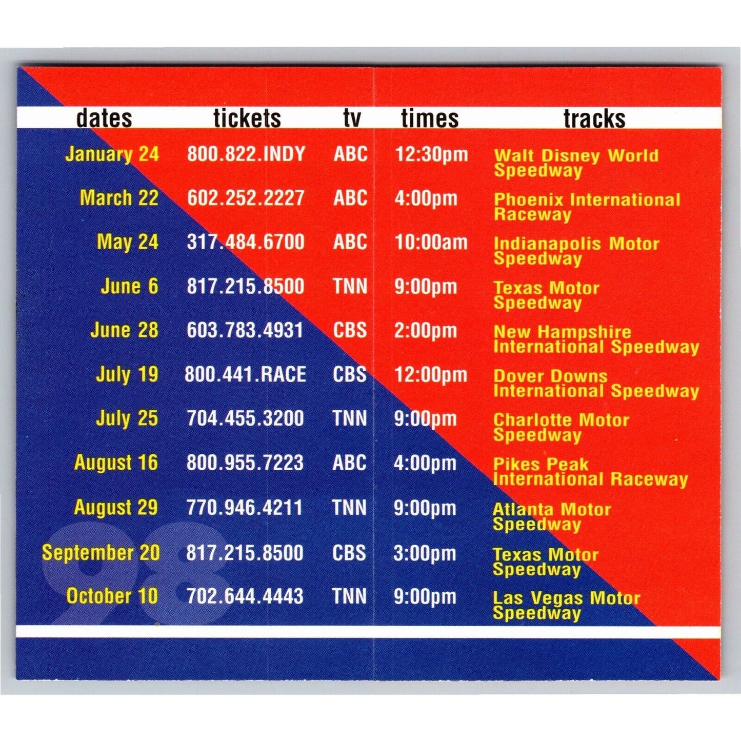 1998 Indy Racing League Pocket Event Schedule - NOS Unfolded VGC