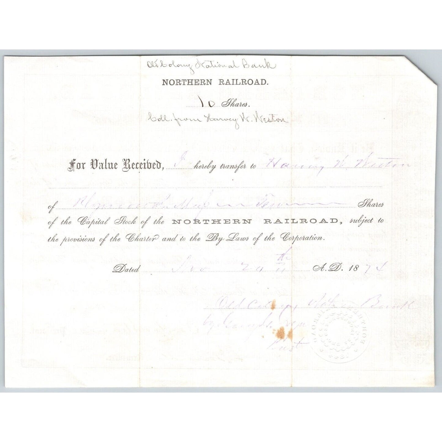 1874 Boston, MA Northern Railroad Stock Certificate No. 17132 for 10 Shares